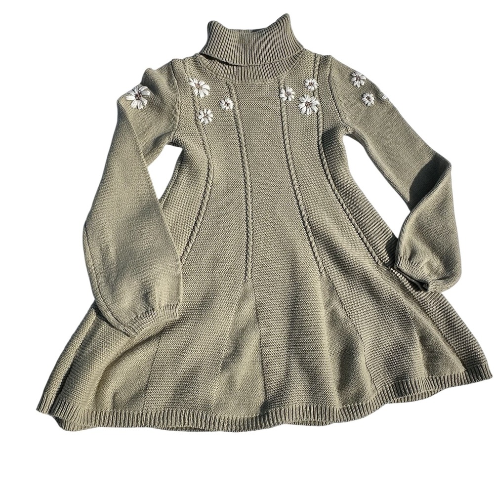 Cupcakes and Cashmere Kids Sage Green Daisy Embroidered Turtleneck Sweater Dress